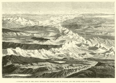 Panoramisch uitzicht op de Andes tussen het Bovenmeer van Titicaca en het Benedenmeer van Parihuanacocha door Edouard Riou